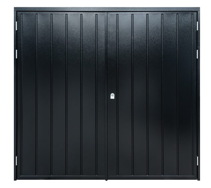 centre side hinge cartmel garage door in black with jedo lock