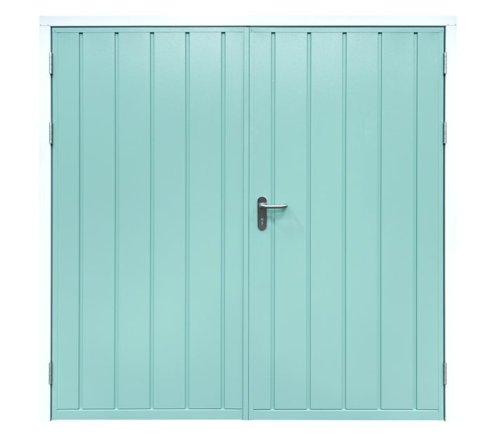 centre side hinge cartmel garage door in chartwell green with lever handle