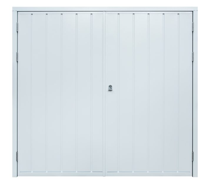 side hinge cartmel garage door in white with jedo handle